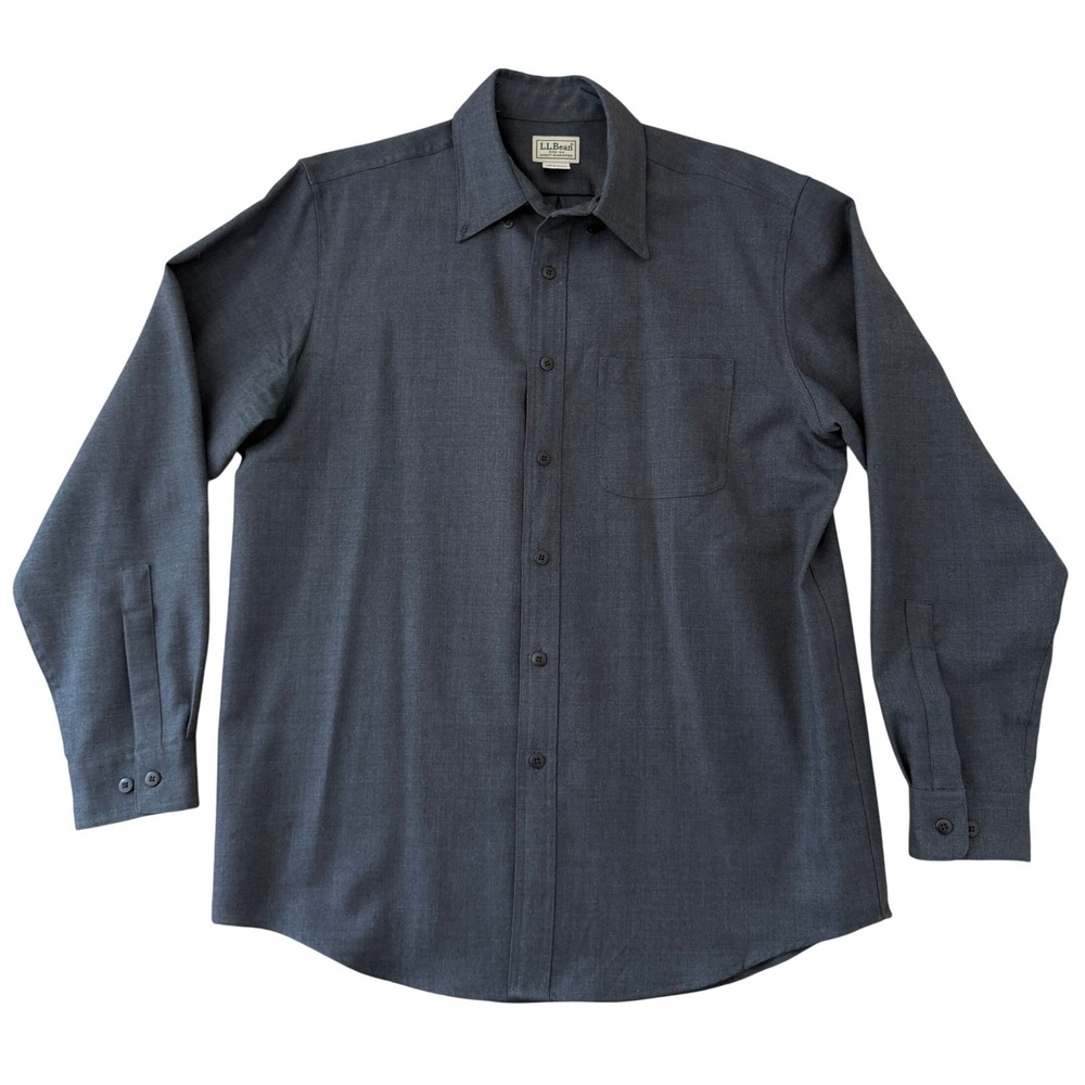LL Bean 100% Wool Shirt Mens Medium Gray Twill Heavy Flannel Button Down Outdoor